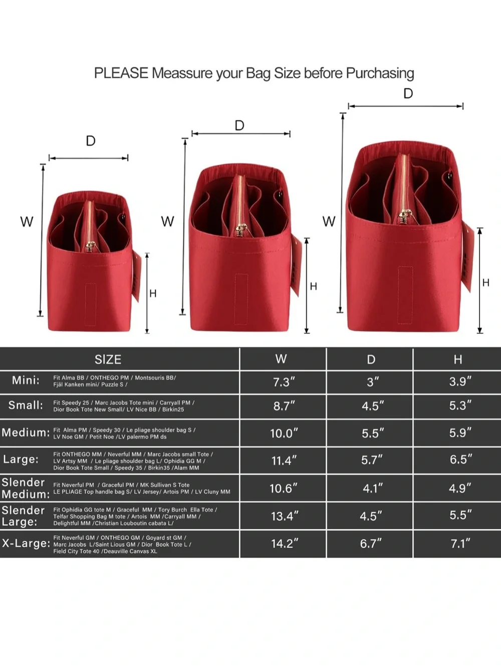 Purse Organizer Insert For Handbags, Purse Organizer With Zipper Silky Red.
